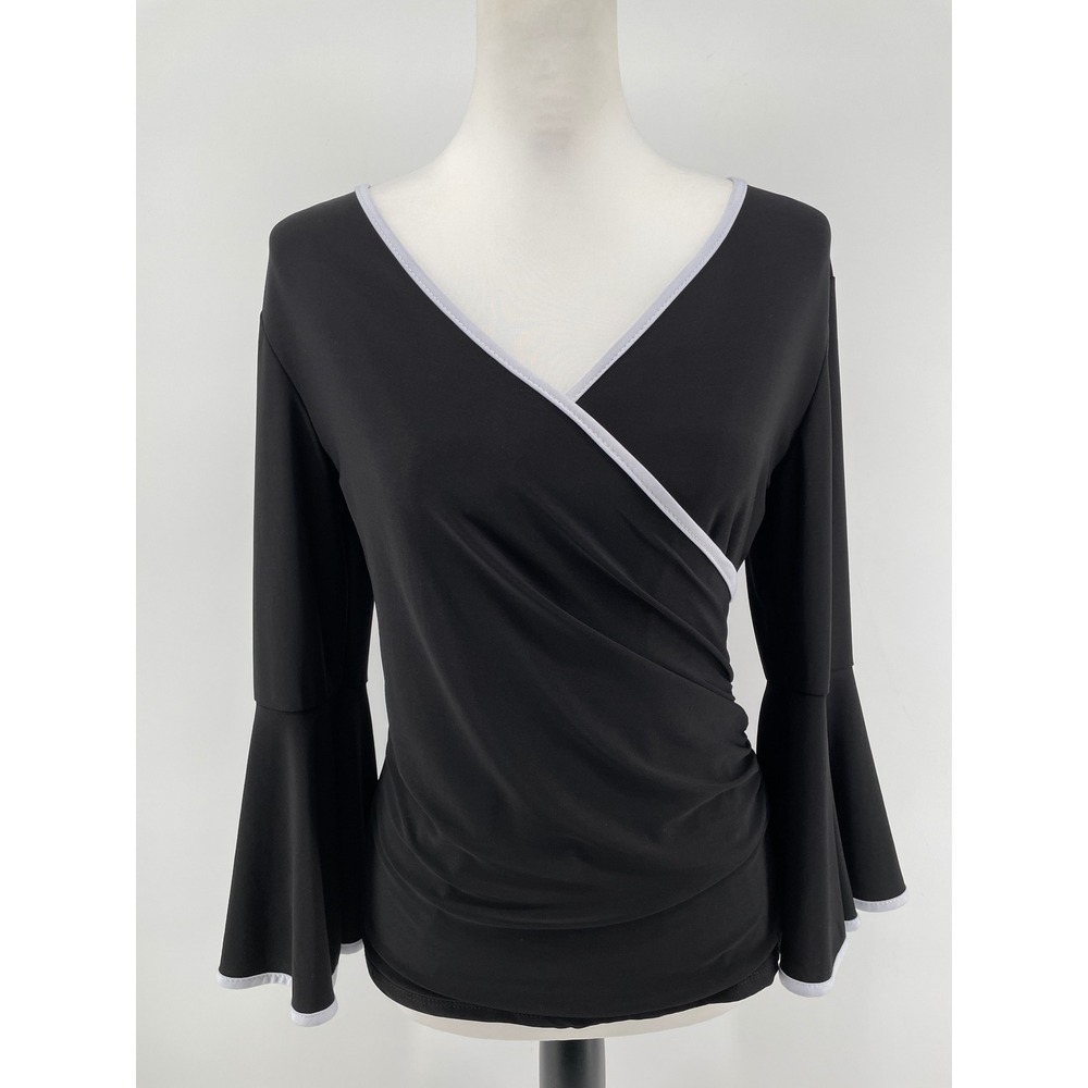 Coco Bianco Faux Wrap Top Womens Small Black White Trim Bell Sleeve Modern Chic
